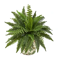 15" Boston Fern Artificial Plant with Tuscan Ceramic Green Scroll Planter