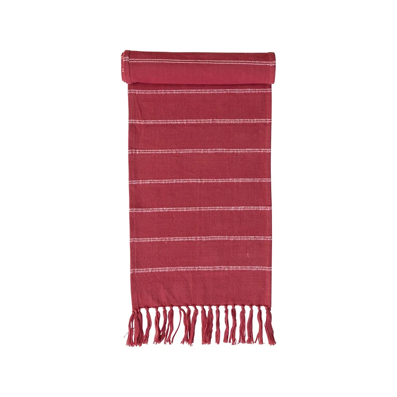 Hello Honey® 72" Red & White Brushed Cotton Flannel Table Runner with Stripes & Fringe