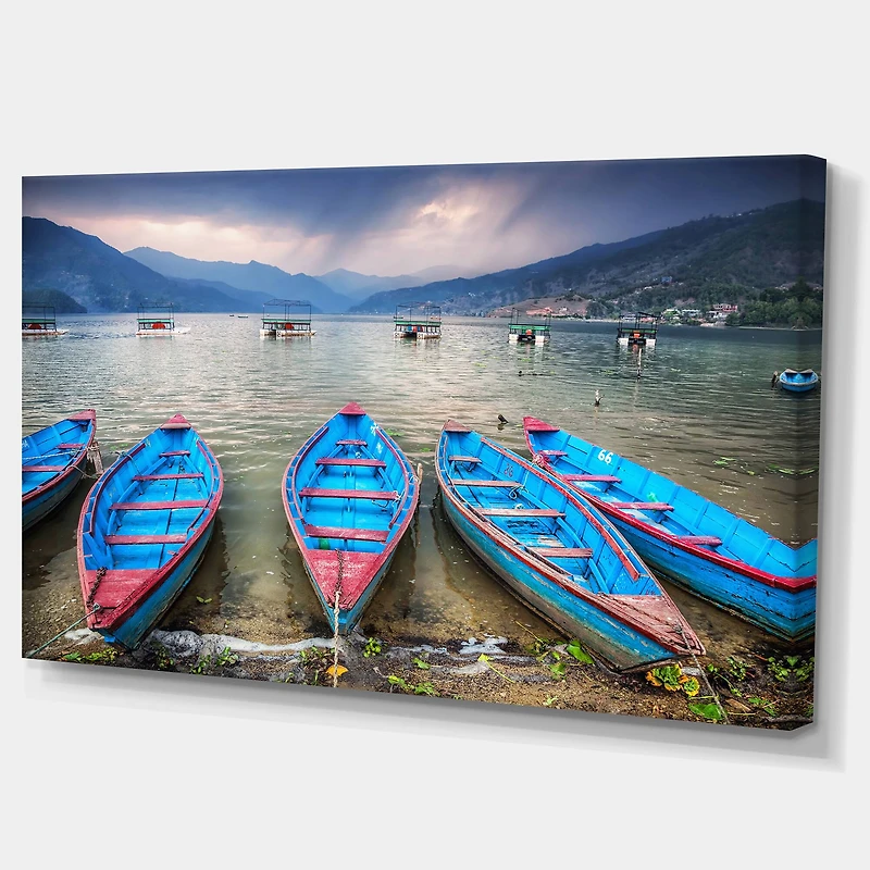 Designart - Row of Blue Boats in Pokhara Lake - Large Boat Canvas Art Print