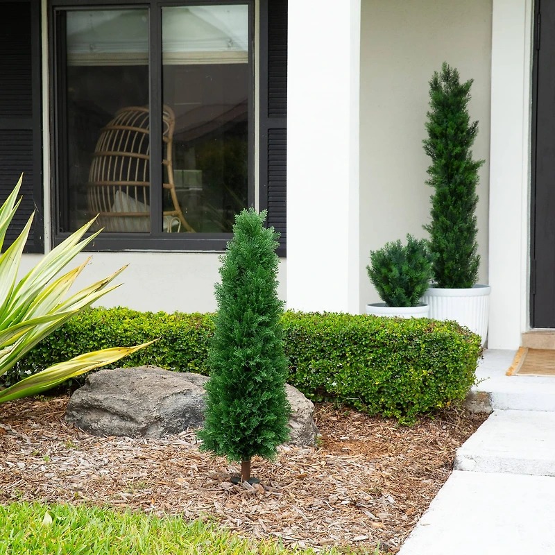 4ft. UV Resistant Artificial Cedar Plant with Integrated Ground Stake (Indoor/Outdoor) - Set of 2