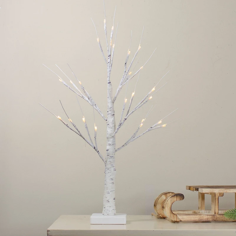 24" Pre-Lit Twig Artificial Christmas Tree with White Square Base, Warm White LED Lights