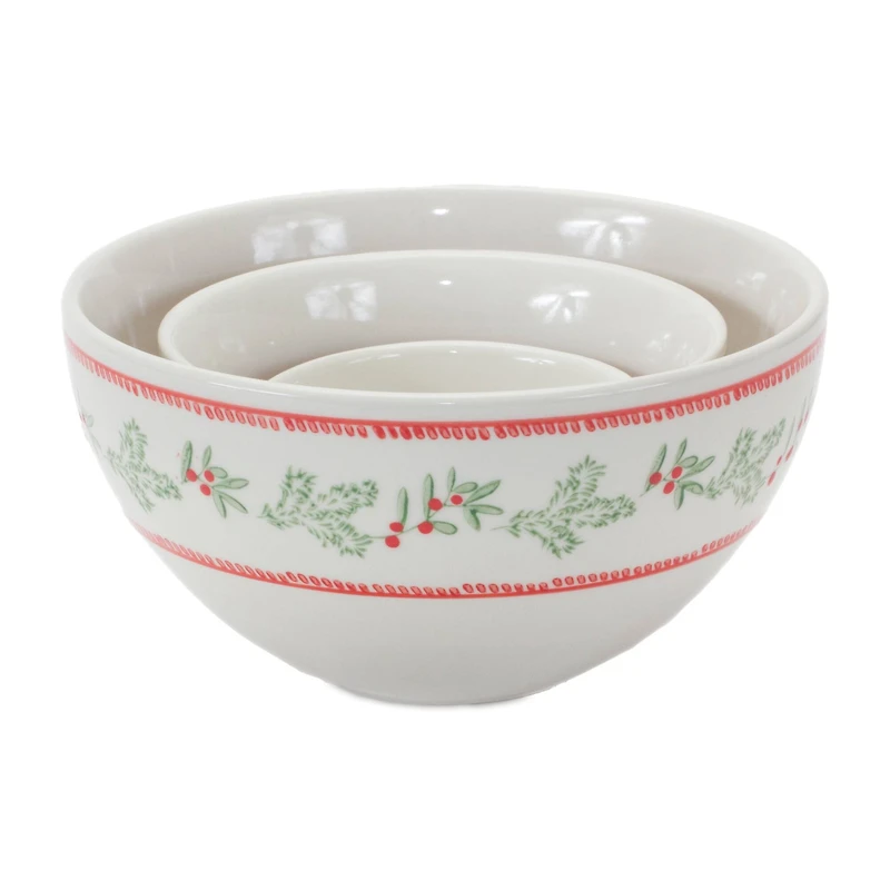 Mistletoe & Pine Holiday Stoneware Bowl Set, 3.5", 5" & 6.75"