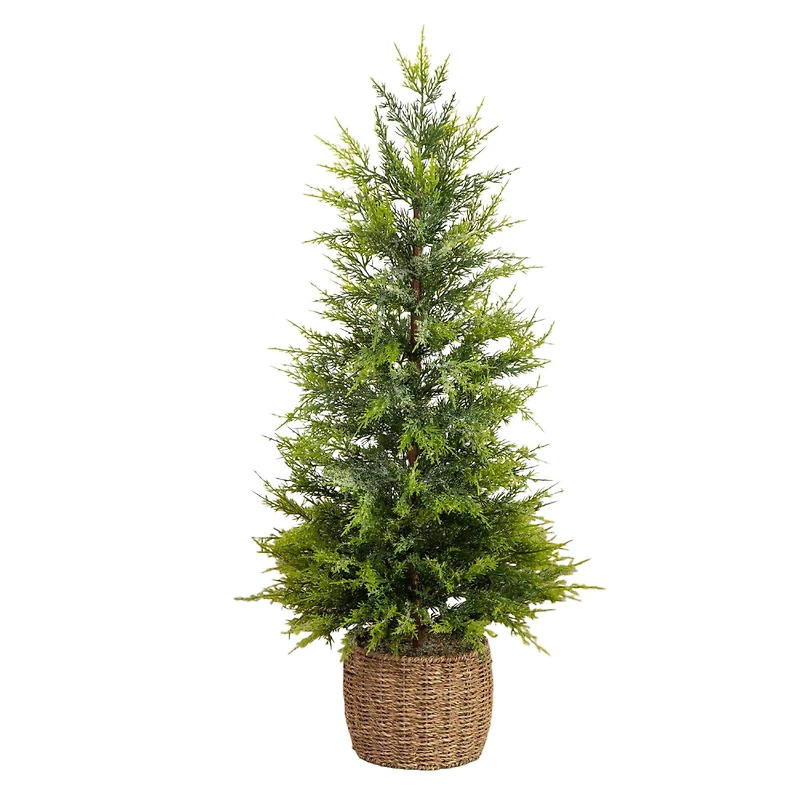 3ft. Pre-Lit Artificial Lightly Snowed Cypress Christmas Tree with 38 Warm White LED Lights in Decorative Weaved Basket