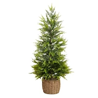 3ft. Pre-Lit Artificial Lightly Snowed Cypress Christmas Tree with 38 Warm White LED Lights in Decorative Weaved Basket