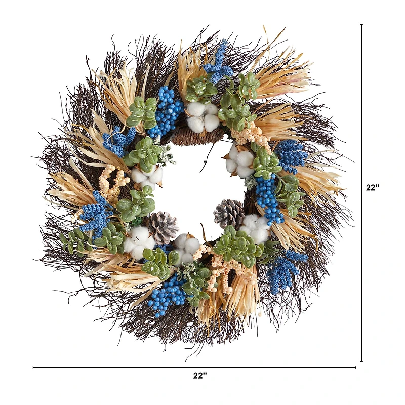 22" Cotton, Eucalyptus, Berries & Pinecones Artificial Fall Wreath