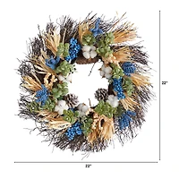 22" Cotton, Eucalyptus, Berries & Pinecones Artificial Fall Wreath