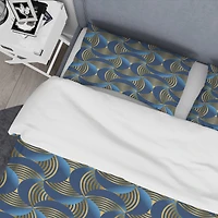 Designart 'Geometric abstract waves in gold and marine blue' Mid-Century Duvet Cover Set