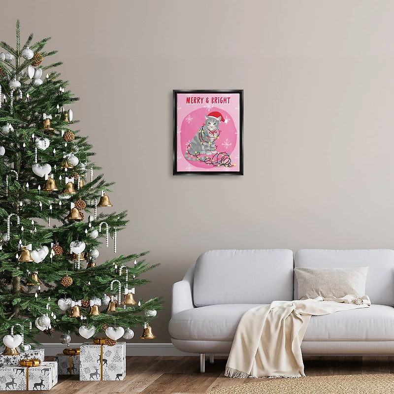 Stupell Industries Merry & Bright Christmas Cat Lights Framed Floater Canvas Wall Art