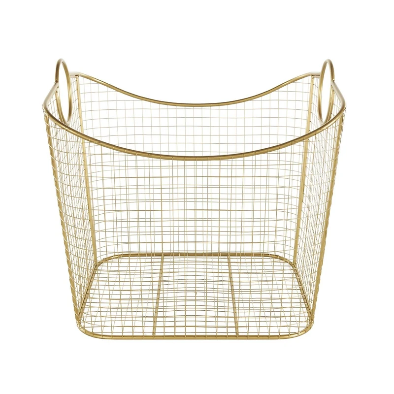 20" Gold Metal Storage Basket with Curved Sides & Ring Handles