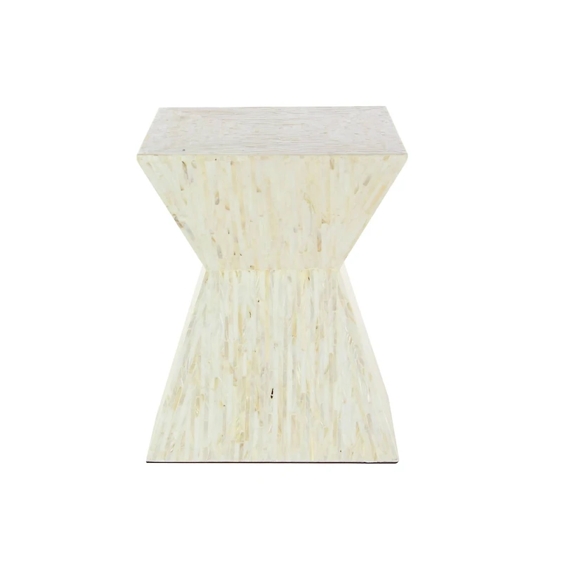 19" Beige Mussel Shells & Wood Contemporary Accent Table