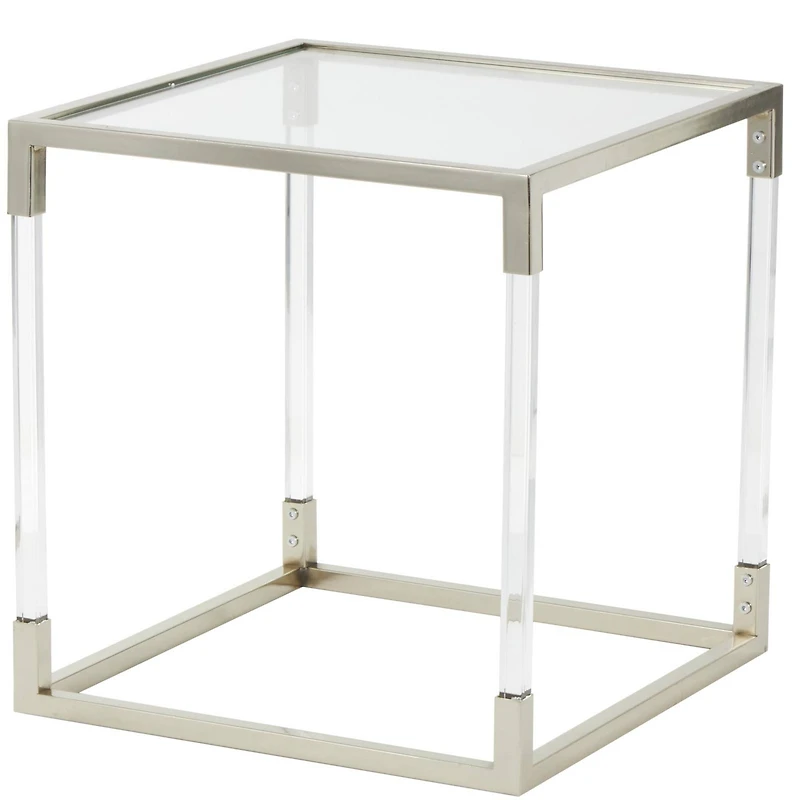 20.25" Silver Metal Floral Cube Shaped Accent Table with Clear Glass Top