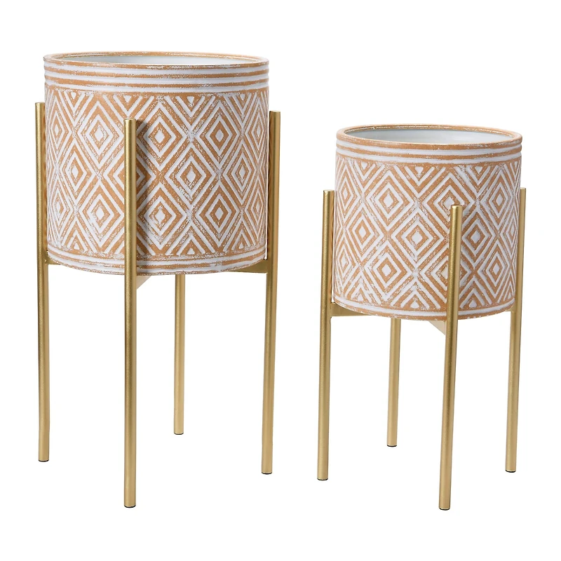 Hello Honey® White & Terracotta Boho Embossed Metal Planters with Stands Set