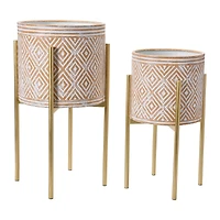 Hello Honey® White & Terracotta Boho Embossed Metal Planters with Stands Set