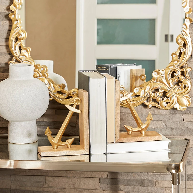 9" Gold Aluminum Anchor Bookends Set