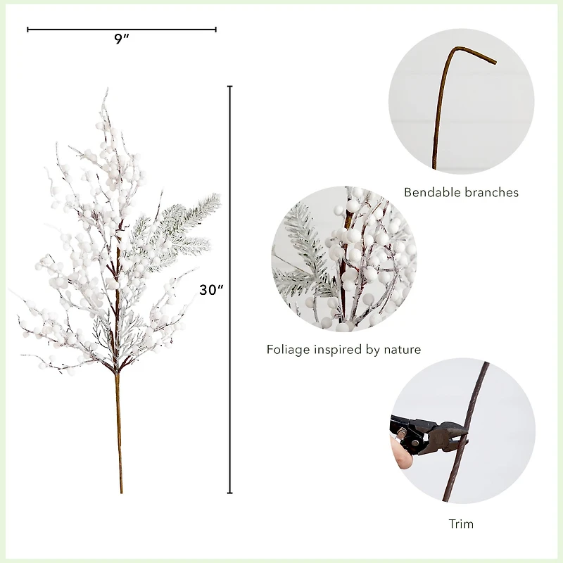 30" Flocked White Berry Stems, 3ct.