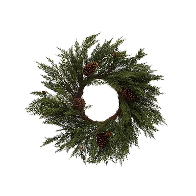 Hello Honey® 28" Green Round Faux Cypress Wreath with Pinecones