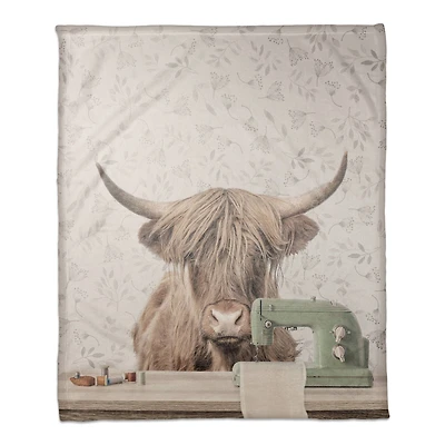 50" x 60" Cow at Desk Sewing Coral Fleece Blanket