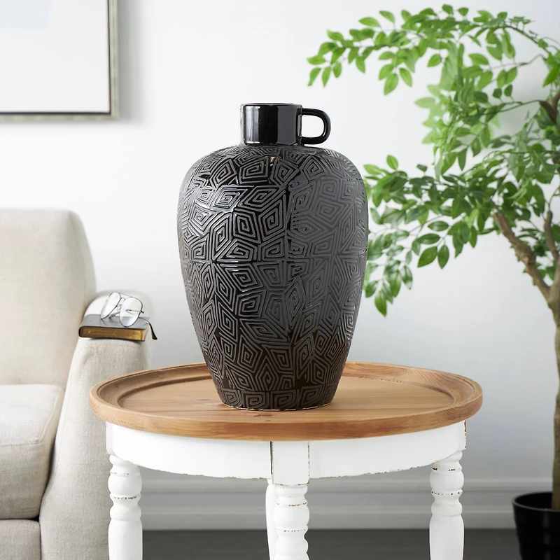 19" Black Ceramic Vase with Geometric Etchings