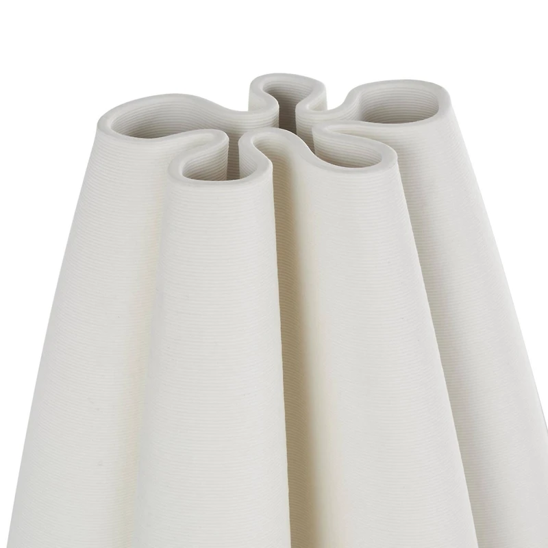 White Ceramic Abstract Ribbed Dimensional Concaved Vase with Floral Shaped Rim