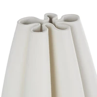 White Ceramic Abstract Ribbed Dimensional Concaved Vase with Floral Shaped Rim