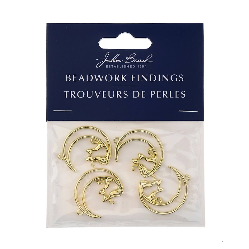 John Bead 26mm Gold Moon with Cats Beadwork Pendants, 4ct.