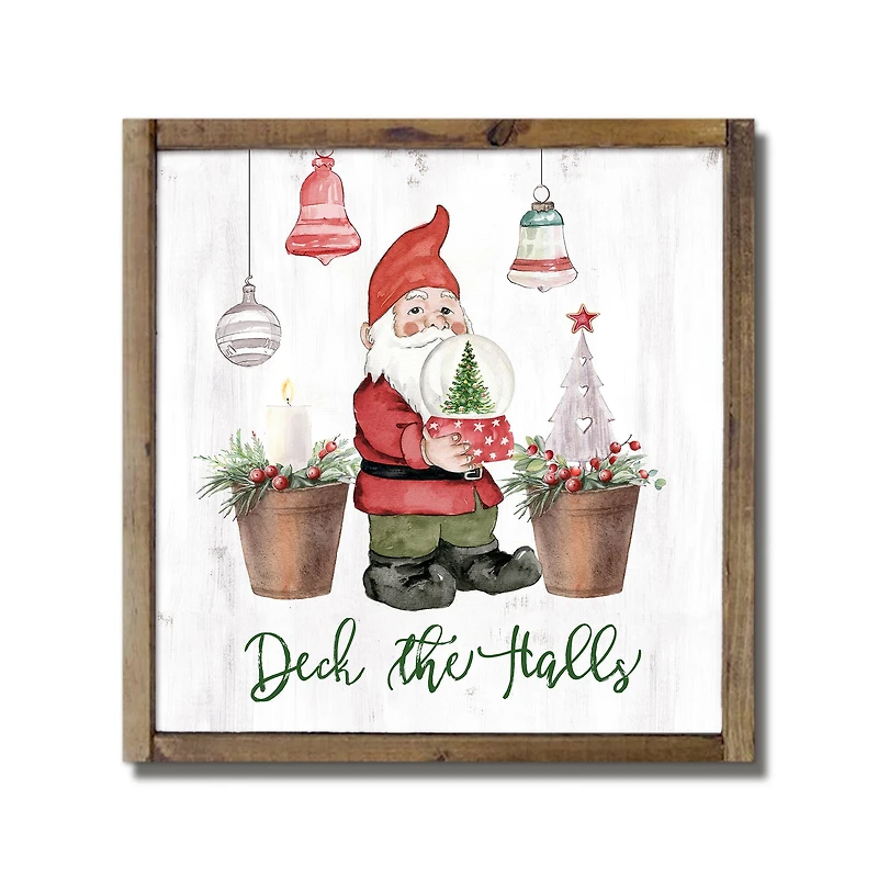 Deck the Halls Gnome Framed Wood Plaque
