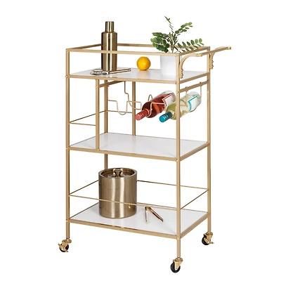 Honey Can Do 3-Tier Gold & White Rolling Bar & Serving Cart with Handles