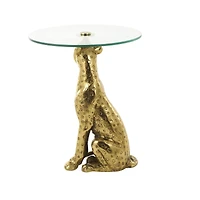 25" Gold Aluminum Leopard Spotted Sitting Accent Table with Glass Tabletop