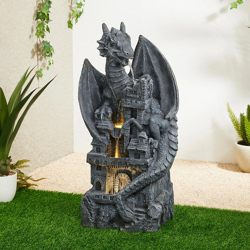Glitzhome® 36.5" 4-Tier Gothic Dragon Sculptural Outdoor Fountain with LED Light