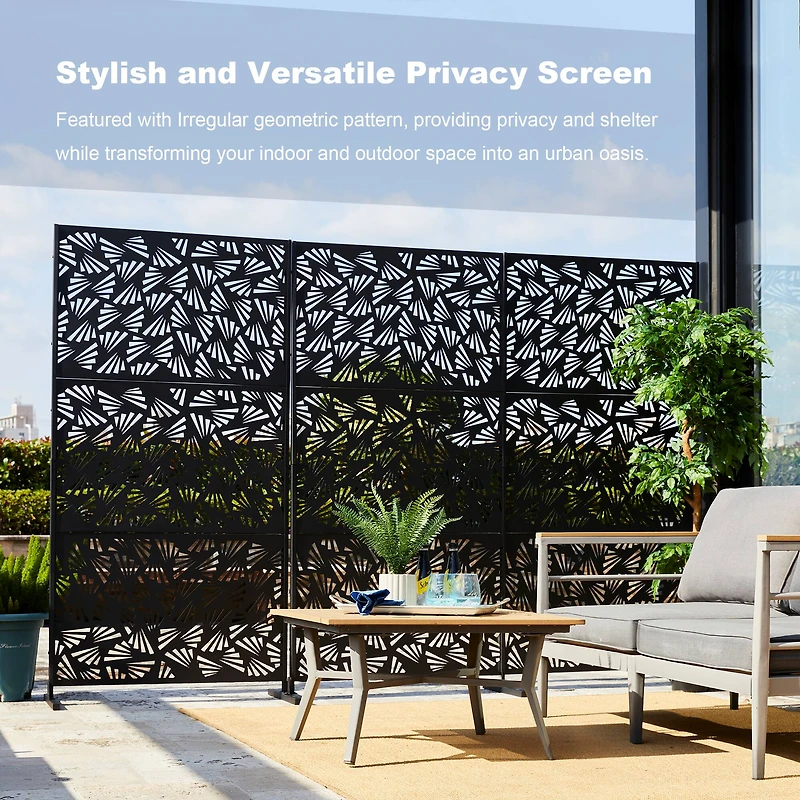 Glitzhome® 6ft. Black Galvanized Steel Irregular Geometric Pattern Privacy Screen Fence Panel & Room Divider