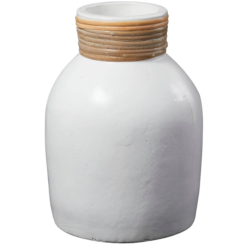 11" White Ceramic Vase with Wrapped Rattan Detailing