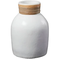11" White Ceramic Vase with Wrapped Rattan Detailing