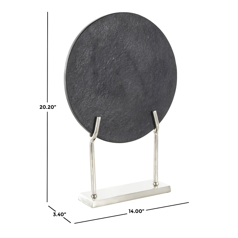 20" Black Textured Marble Disk Sculpture with Silver Metal Stand