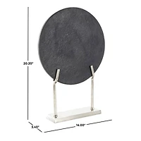 20" Black Textured Marble Disk Sculpture with Silver Metal Stand