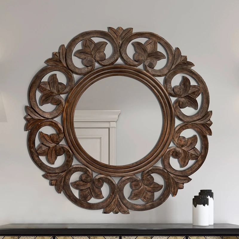 Hello Honey® Walnut Round Carved Botanical Framed Wall Mirror