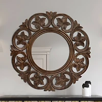 Hello Honey® Walnut Round Carved Botanical Framed Wall Mirror
