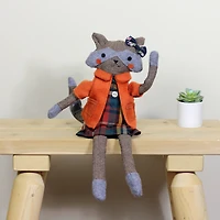 Sitting Herringbone Designed Fox Girl with Plaid Dress - 17" - Brown and Orange