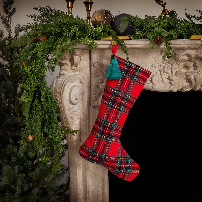 Hello Honey® 20" Red & Green Plaid Brushed Cotton Flannel Quilted Stocking with Tassel