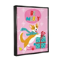 Stupell Industries Be Merry Smiling Puppy Gift Framed Floater Canvas Wall Art