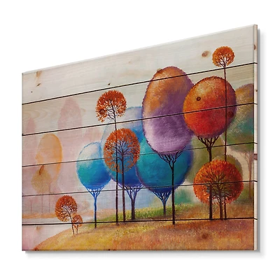 Designart - Colourful Trees Impression III - Traditional Print on Natural Pine Wood