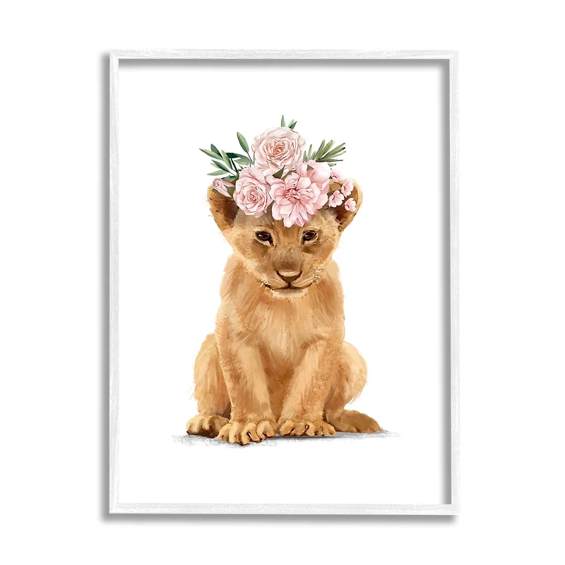 Stupell Industries Boho Rose Floral Crown Lion Cub Safari Animal in White Frame Wall Art