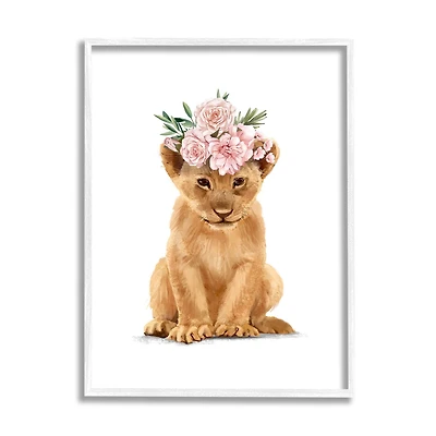 Stupell Industries Boho Rose Floral Crown Lion Cub Safari Animal in White Frame Wall Art