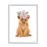 Stupell Industries Boho Rose Floral Crown Lion Cub Safari Animal in White Frame Wall Art