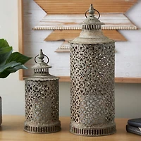 Brown Distressed Ornate Floral Candle Lantern Set