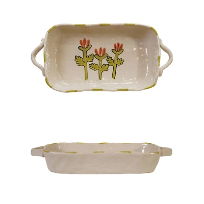 Hello Honey 12-Ounce Hand-Painted Stoneware Organic Shaped Baker with Handles and Flower, Multicolor