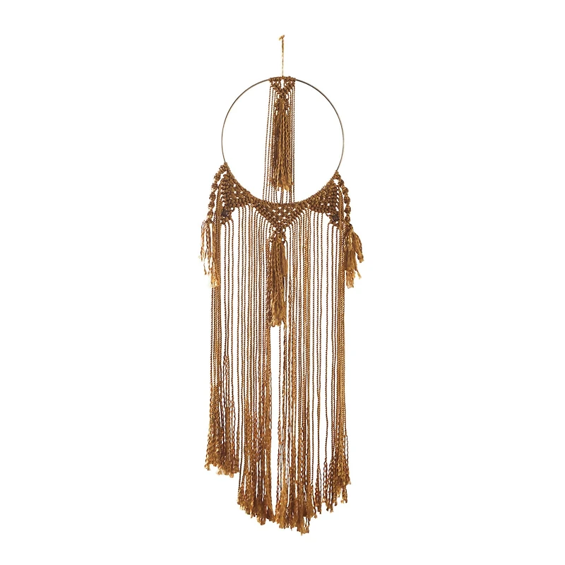 Brown Fabric Intricately Weaved Macrame Wall Decor with Beaded Fringe Tassels 10" x 1" x 38"