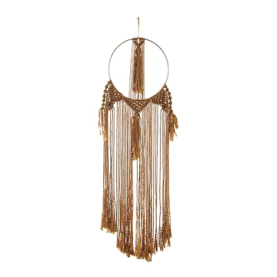 Brown Fabric Intricately Weaved Macrame Wall Decor with Beaded Fringe Tassels 10" x 1" x 38"