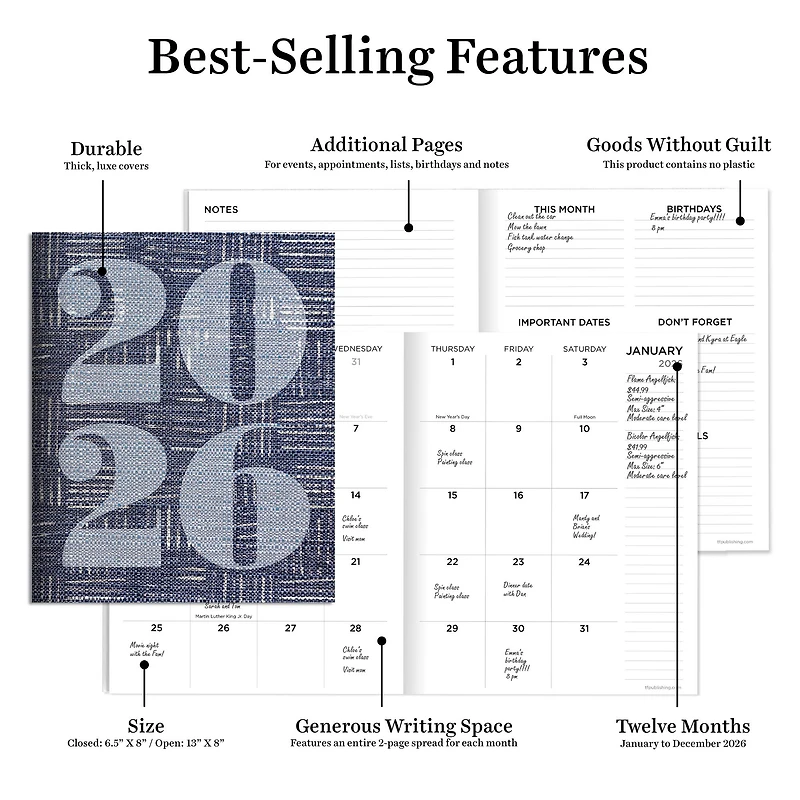 2026 Basket Weave Blue Medium Monthly Planner