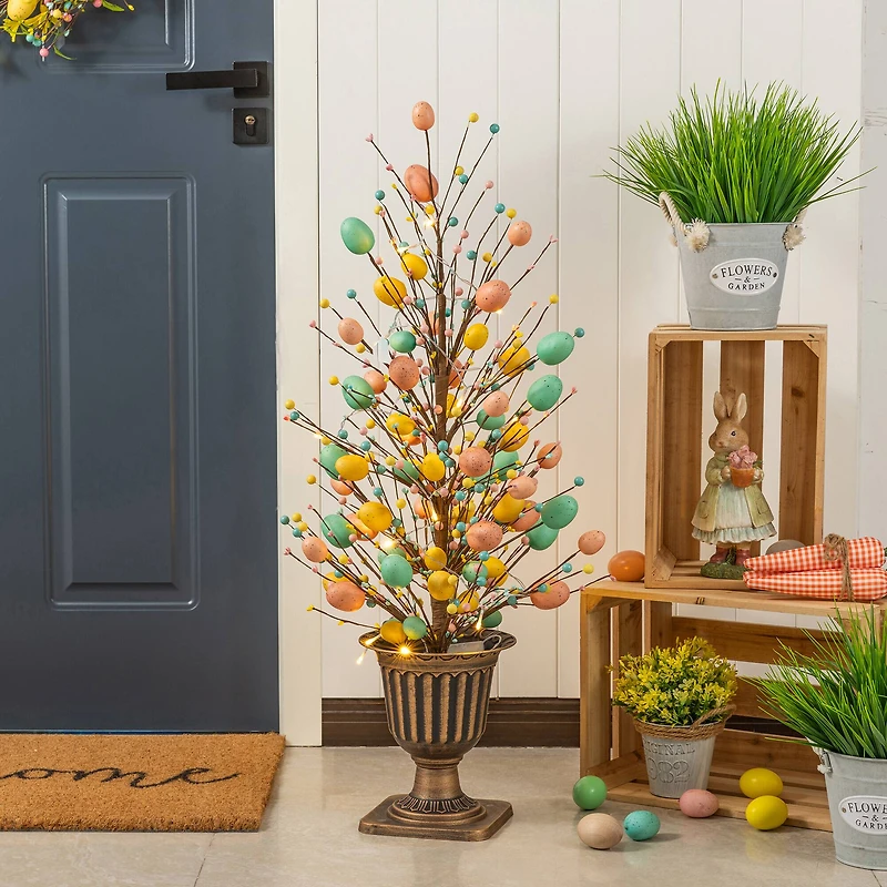 Glitzhome® 36" Lighted Easter Egg & Berries Urn Porch Tree with Timer