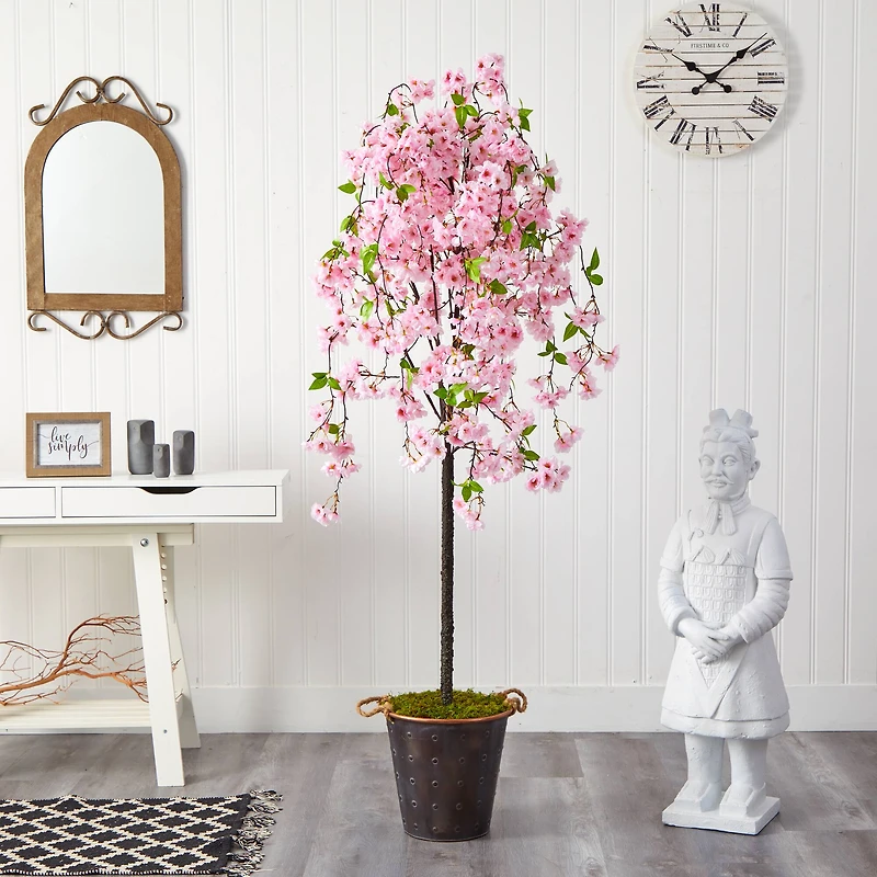 6ft. Cherry Blossom Artificial Tree in Decorative Metal Pail with Rope